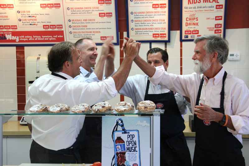 Peter Cancro, Jersey Mike’s Founder and CEO; David Jobe, president of Winsight Events and the Restaurant Leadership Conference organizer; Mike Manzo, Jersey Mike’s COO; and Tom Nelson, president of No Kid Hungry and Share our Strength celebrate the $100K Sub they just made!